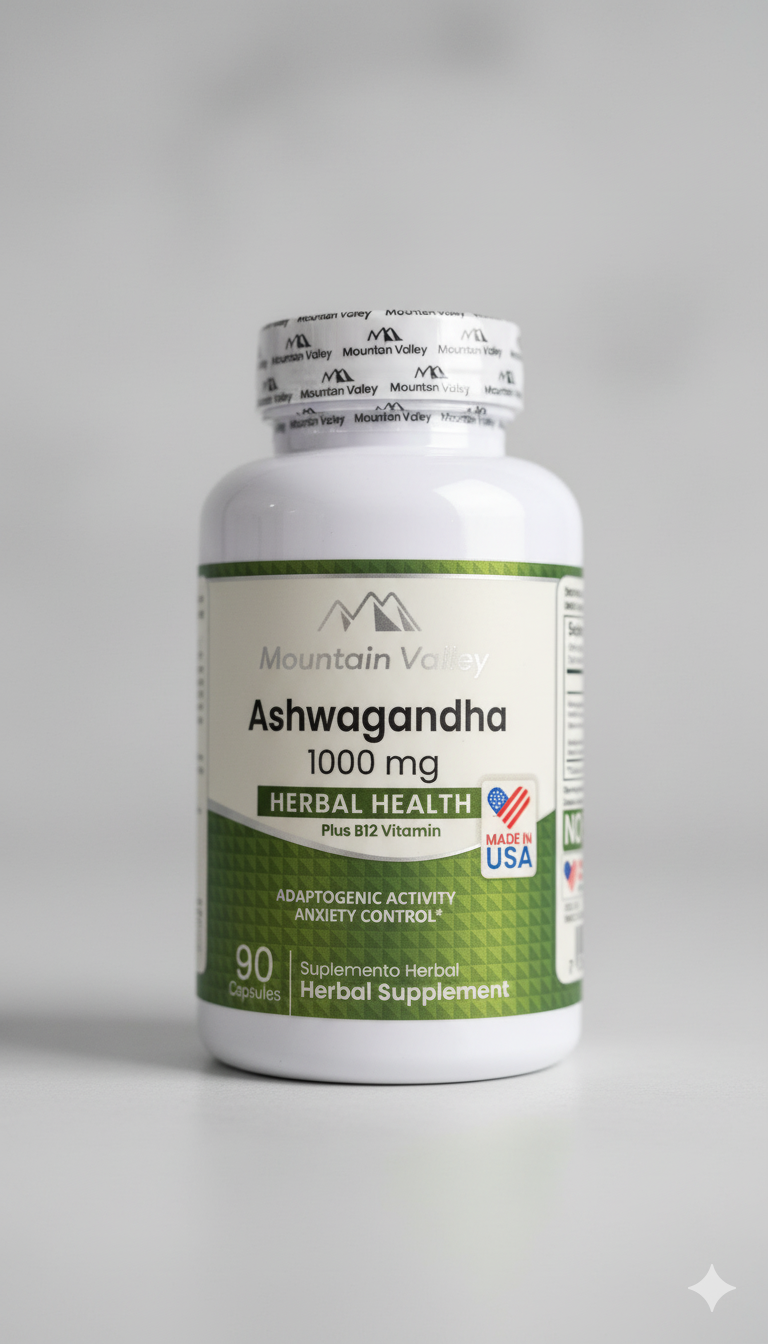 Ashwagandha 1000 mg + Vitamina B12 – Mountain Valley | Suplemento para Estrés y Energía